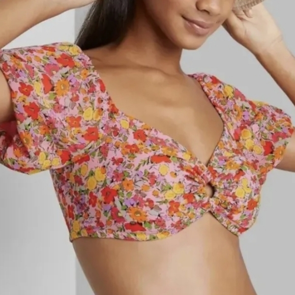 Wild Fable Puff Sleeve Keyhole Laceup Back Pink Floral Bra Crop Top XXL NWT - Picture 1 of 10